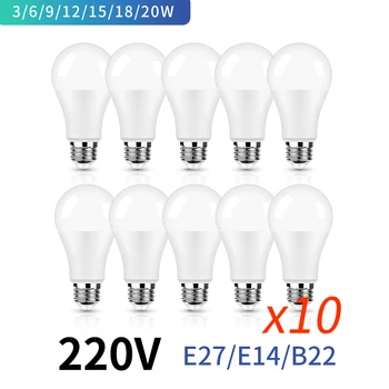 10 шт./лот E27 B22 Светодиодная лампа переменного тока 220 В SMD2835 3 Вт 6 Вт 9 Вт 12 Вт 15 Вт 18 Вт 20 Вт Светодиодная лампа, Экономящая холодные Теплые белые светодиодные лампы для наружного освещения