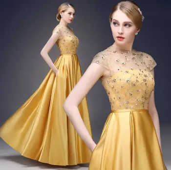 2015 новая длинная юбка из золотой парчи с короткими рукавами и кружевной вышивкой, модное вечернее платье