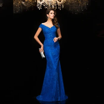 2021 Последние элегантные Длинные Вечерние платья цвета Русалки Синего Цвета с короткими рукавами и V-образным вырезом, Свадебные платья для гостей с аппликацией сзади и бисером