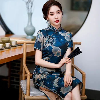 2022 Осеннее Новое Элегантное Платье средней длины с разрезом Cheongsam Slim Banquet Чернильно-синего цвета, Улучшенное вечернее платье Qipao в стиле ретро для женщин