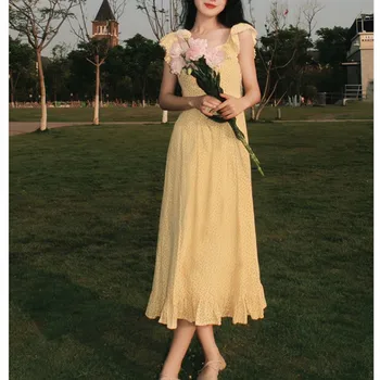 2023 Летнее новое французское платье для чаепития с цветочным рисунком, маленькое Летящее платье с рукавами, детское платье с нежным ветром, желтое взрывное платье с фланцами