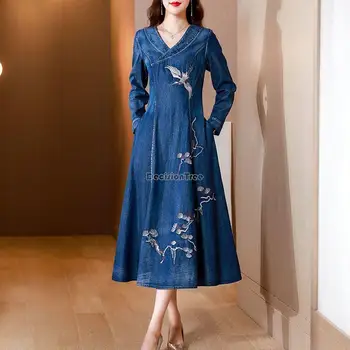 2023 осеннее новое ретро китайское джинсовое платье чонсам с улучшенной вышивкой, женское модное повседневное платье с длинными рукавами g1006