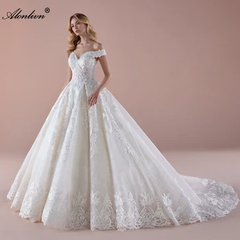 Alonlivn, Шикарное кружевное бальное платье с вышивкой, свадебные платья с открытыми плечами, свадебные платья на шнуровке