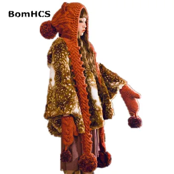 BomHCS Милая шапка с кошачьими ушками, шарф + перчатки (костюм из 2 предметов), Зимняя теплая 100% Вязаная шапочка ручной работы, Шейный платок, варежки