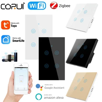 CORUI Tuya WiFi ZigBee Умный Сенсорный Выключатель 1/2/3/4 Банды Домашняя Настенная кнопка ЕС США Для Alexa Google Home Assistant приложение Smart Life
