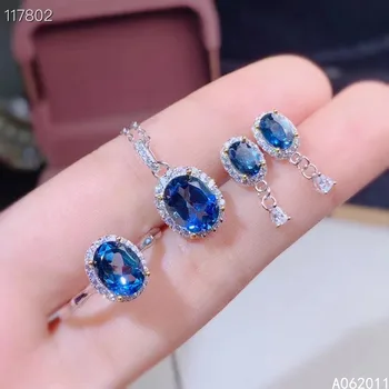 KJJEAXCMY изысканные ювелирные изделия из натурального голубого топаза стерлингового серебра 925 пробы, модные серьги-подвески с драгоценными камнями для девочек, набор колец, тест на поддержку