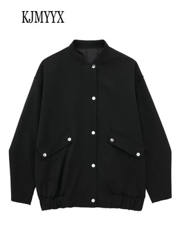 KJMMYX Демисезонный Женская модная черная куртка Пальто Женская куртка-бомбер с круглым вырезом и длинным рукавом на молнии Повседневная уличная одежда