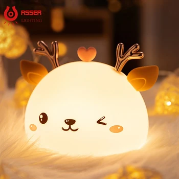 RSSER, красочный силиконовый сенсорный датчик с оленем, милые животные, мягкие перезаряжаемые лампы для Детской спальни, рождественский подарок для ребенка