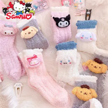 Sanrio Kuromi Melody Cinnamoroll Pochacco Зимние Носки Colorblock Womam Rabbit Домашние Теплые Женские Носки В Пол, Толстые Носки-Трубочки