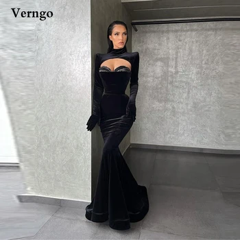 Verngo, Велюровые черные вечерние платья с высоким воротом, платья для выпускного вечера в стиле Русалки с длинными рукавами в Дубае, Женское модное официальное праздничное платье 2021