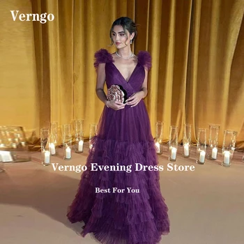 Verngo Элегантные многоуровневые длинные платья для выпускного вечера виноградно-фиолетового цвета, тюль, V-образный вырез, оборки на плечах, длина до пола, вечерние платья в Саудовской Аравии, арабские Вечерние платья