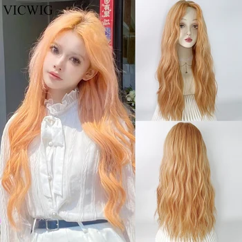 VICWIG Оранжевые Длинные волнистые вьющиеся парики, Синтетические женские натуральные парики для косплея в стиле Лолиты для ежедневной вечеринки