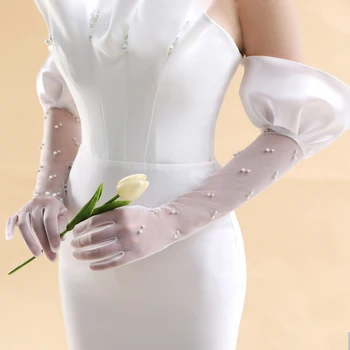 WG047 Изысканные Свадебные длинные белые перчатки для новобрачных с рюшами по краю, жемчуг, бисероплетение, ручная работа для подружки невесты