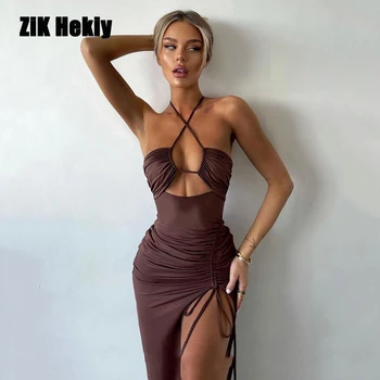 Zik Hekiy Европа и Соединенные Штаты, летнее новое платье, сексуальное, открытое, от морщин, висячая шея, показ мод, грудь, длинное платье Для женщин