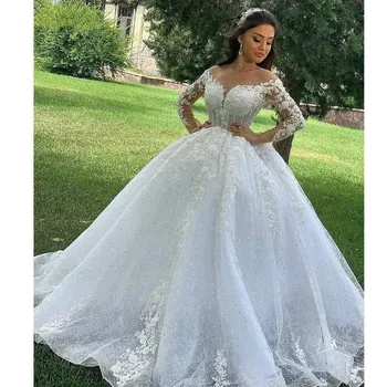 Бальное платье Принцессы, свадебные платья с круглым вырезом, Кружевные аппликации, вышитые бисером, Длинные рукава, свадебные платья для женщин, vestidos de novia 2023