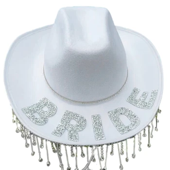 Белая Ковбойская шляпа со сверкающими стразами, Ковбойская шляпа Невесты с кисточками, принадлежности для Косплея, Костюм для вечеринок, прямая доставка