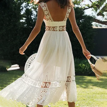 Белое хлопковое кружевное длинное платье с открытой спиной, Тонкий плечевой ремень, высокая талия, Летнее женское платье 2023, Удобное