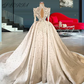 Великолепное свадебное платье с жемчугом от Дубайской моды, Длинные рукава, расшитые бисером 3D цветочные аппликации, Атласное свадебное платье, Женское Vestidos De Novia