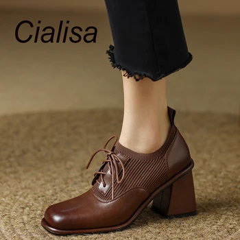 Винтажная женская обувь Cialisa / Новинка Осени 2022 года, Женская обувь на высоком каблуке в стиле пэчворк из натуральной кожи с Квадратным носком, коричневые туфли-лодочки