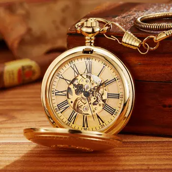 Винтажные роскошные карманные часы с автоматической механической резьбой по золоту для мужчин, золотой корпус с гравировкой, брелок-цепочка для коллекции