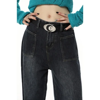Винтажные Черные Женские джинсы с высокой талией, Американская Мода, Уличная одежда, Широкие джинсовые брюки, Мешковатые Джинсовые брюки
