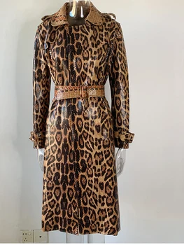 Высококачественное Новейшее Зимнее Дизайнерское пальто 2023 Года, Женское Пальто из Змеиной кожи с Леопардовым принтом, Длинный Тренч с поясом, пальто