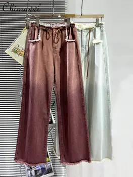 Джинсы в стиле ретро с высокой талией и необработанным подолом; Женские Широкие Свободные брюки; Летняя новинка 2023 года; Модные прямые брюки с завязками на ремешке