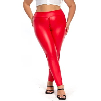 Женские брюки с открытой промежностью Большого размера, Красная матовая кожа, Экзотическое Облегающее Облегающее Леггинсы из искусственной кожи, брюки для ночного клуба на заказ
