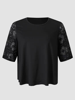 Женские офисные футболки Finjani, Большие размеры, модные черные футболки с кружевными рукавами, блузки, топ