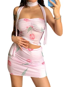 Женский комплект из 3 предметов в стиле бохо с цветочным принтом, прозрачный сетчатый укороченный топ, мини-юбка с рюшами и шарф в тон