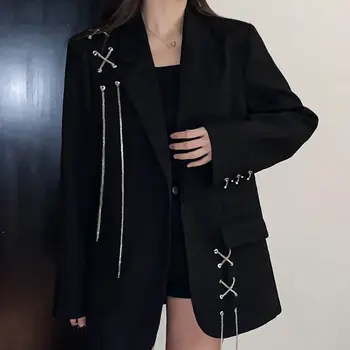 Женский Черный костюм, пальто 2023, Весенне-осенний Свободный Повседневный Блейзер
