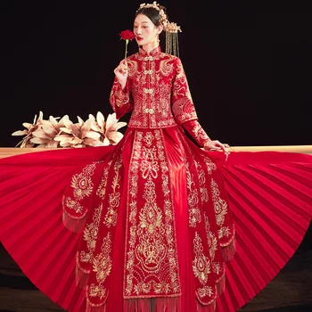 Женское красное свадебное платье с вышивкой, Элегантный воротник-стойка, Свадебная одежда для тостов Чонсам