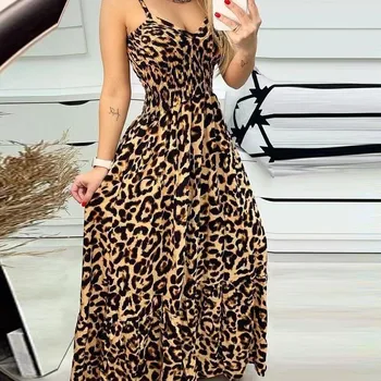 Женское Летнее платье 2023, Многоцветный леопардовый узор, ремешок с V-образным вырезом, Высокая талия, Сексуальное И Стильное Длинное платье, Vestidos Para Mujer