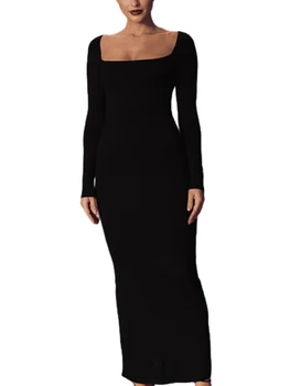 Женское облегающее Макси-платье с квадратным вырезом и разрезом, Весенне-осеннее платье для повседневной вечеринки