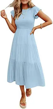 Женское платье 2023, Летнее Модное Повседневное Платье с летящими рукавами, Плиссированное Многослойное платье с коротким рукавом, Платье в богемном стиле