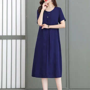 Женское платье больших размеров, Корейская мода, Новая одежда, винтажные платья с круглым вырезом, приталенные однотонные платья с коротким рукавом