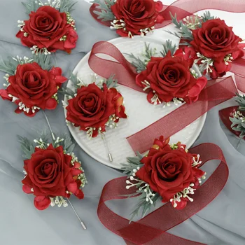 Классическая Свадебная Бутоньерка из красного шелка с розами для гостей, Корсаж, Петлица на запястье, Мужские аксессуары для свидетелей Бракосочетания bruiloft, Новинка