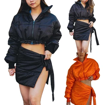 Комплект женских костюмов из 2 предметов, Однотонные Укороченные топы с длинными рукавами и воротником-стойкой + Юбка с разрезом на осень-зиму, Черный/Оранжевый, Размеры S/M/L