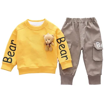 Комплекты детской одежды Для мальчиков и девочек, пуловер с длинными рукавами и рисунком Медведя из мультфильма + штаны, 2 предмета, костюм для малышей с буквенным принтом