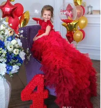 Красные платья с цветочным узором для девочек 2020 года на свадьбу с вырезом Бато и аппликацией Для малышей, Праздничные платья из Тюля с длинным шлейфом, Детские платья для выпускного вечера