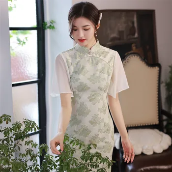 Лето 2023, Композитное Кружевное Платье Чонсам средней длины с рукавами Фейфэй, Свежее Элегантное Китайское Традиционное Вечернее платье Ципао для Женщин