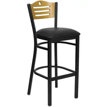 Металлический Барный стул для ресторана с черной спинкой серии HERCULES - спинка из натурального дерева, черный винил