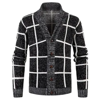 Мужской вязаный свитер в клетку, модный для отдыха, однотонный шерстяной вязаный кардиган с V-образным вырезом, длинным рукавом и пуговицами, пальто, зимнее толстое верхнее пальто