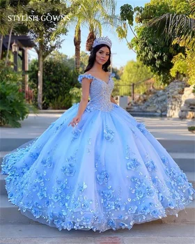 Небесно-голубое Пышное платье с открытыми плечами, бальное платье, расшитое бисером, 3D цветы, Сладкие 16 Платьев для выпускного Вечера, платья для Дня рождения, Robe De Bal