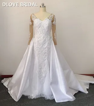 Новое съемное Свадебное платье, Высококачественное Кружевное Свадебное платье, Съемный атласный шлейф, реальные фотографии