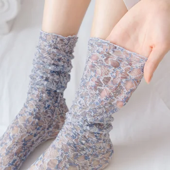 Новые женские носки, Летние Тонкие Сетчатые Ажурные Кружевные носки, Открытые Дышащие Корейские модные Свободные длинные носки в стиле Харадзюку с цветочным принтом