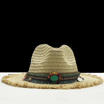 Панама, женская летняя солнцезащитная шляпа из рафии, Мужская Женская соломенная шляпа цвета Хаки, Изумрудное украшение, 2020 Новая модная мужская джазовая шляпа