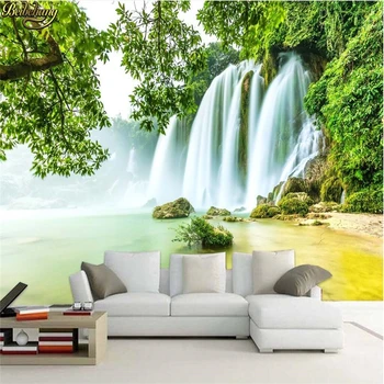 пейзаж с зеленым водопадом бейбехан, красивая простая прозрачная фреска, кафе, гостиная, персонализированные обои, фрески