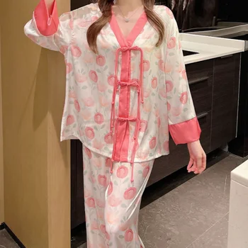 Пижамный костюм с цветочным принтом, женская пижама с винтажными пуговицами, атласная домашняя одежда в китайском стиле, ночная рубашка в стиле ретро с длинным рукавом