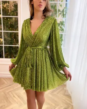 Платья для встречи выпускников с блестками и рукавами для девушек, Оливково-зеленое коктейльное клубное платье трапециевидной формы, короткая длина, vestidos